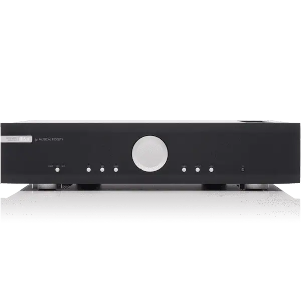 Schwarzer Musical Fidelity M5si Verstärker mit großem silbernem Lautstärkeregler