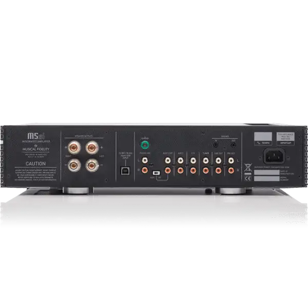 Rückseite des schwarzen Musical Fidelity M5si Verstärkers mit Audioanschlüssen