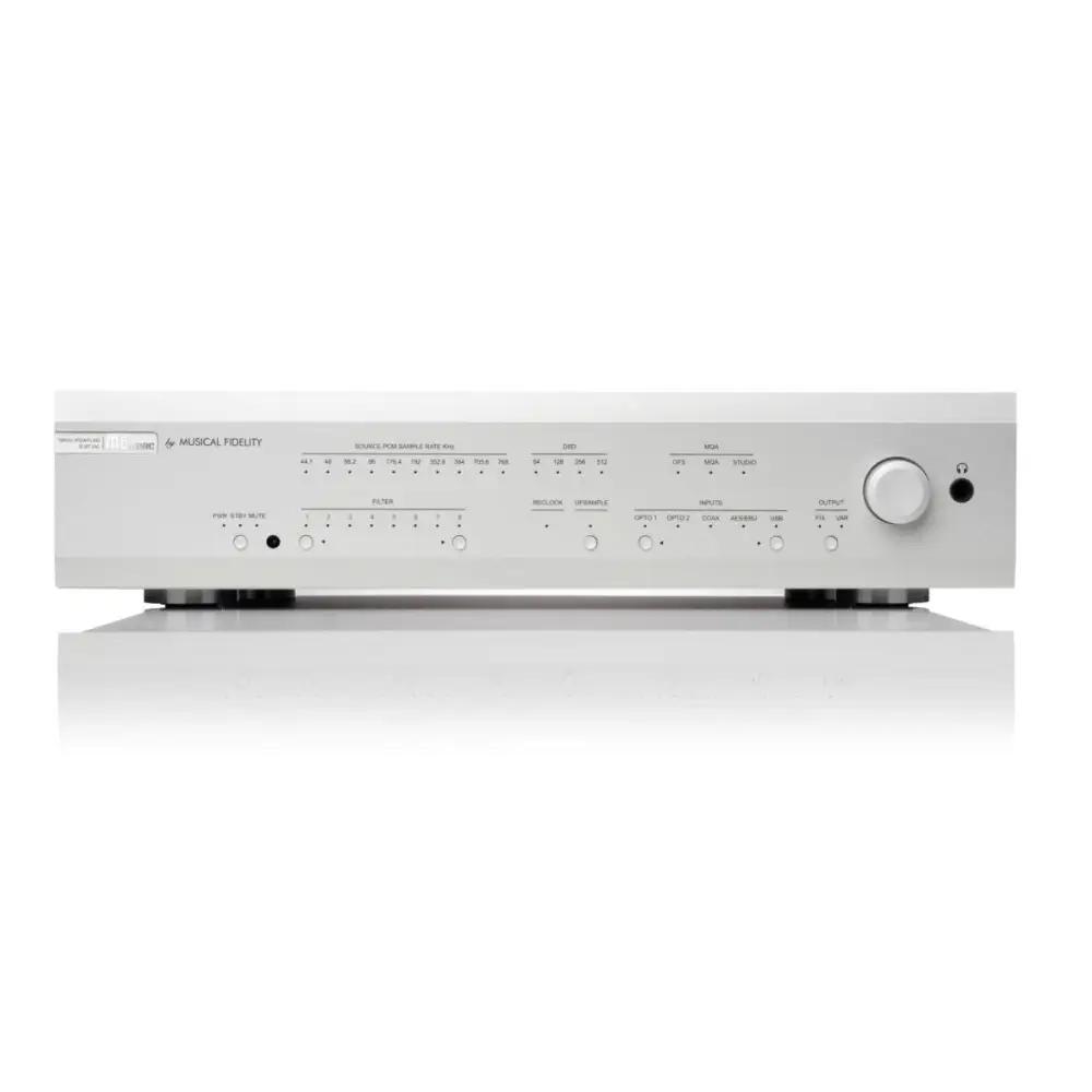 Silberner Stereo-Verstärker mit mehreren Eingängen und Kopfhöreranschluss für das Musical Fidelity M6x DAC