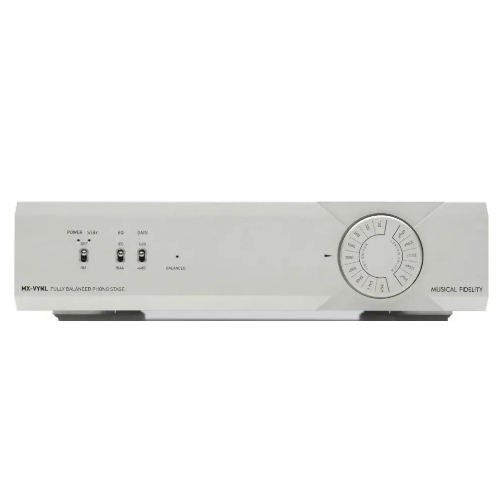 Silberner Musical Fidelity MX-Vynl audiophiler Phono-Verstärker mit Drehregler und Schaltern
