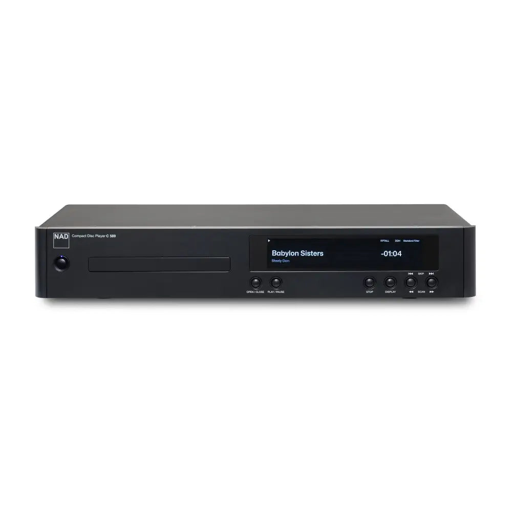 Schwarzer nad c 589 cd-player classic series mit minimalistischer konstruktion und digitalanzeige für ess es9039pro chips