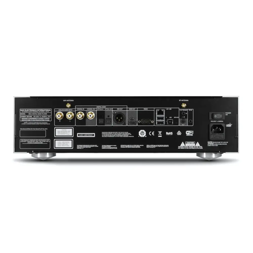 Rückansicht des NAD M 50.2 mit Bluetooth aptx Internet Radio Anschlüssen
