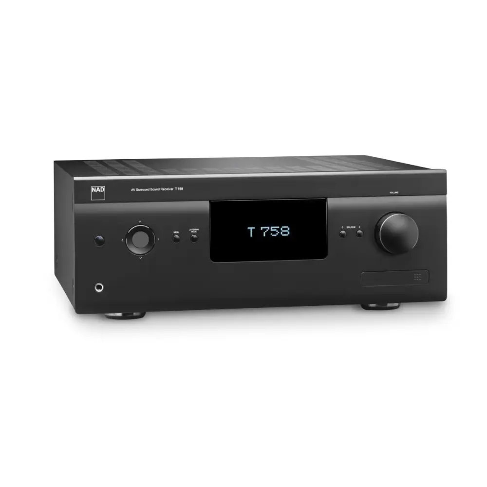 Schwarzer NAD T758V3i Surroundreceiver mit Digitalanzeige und Steuerknöpfen