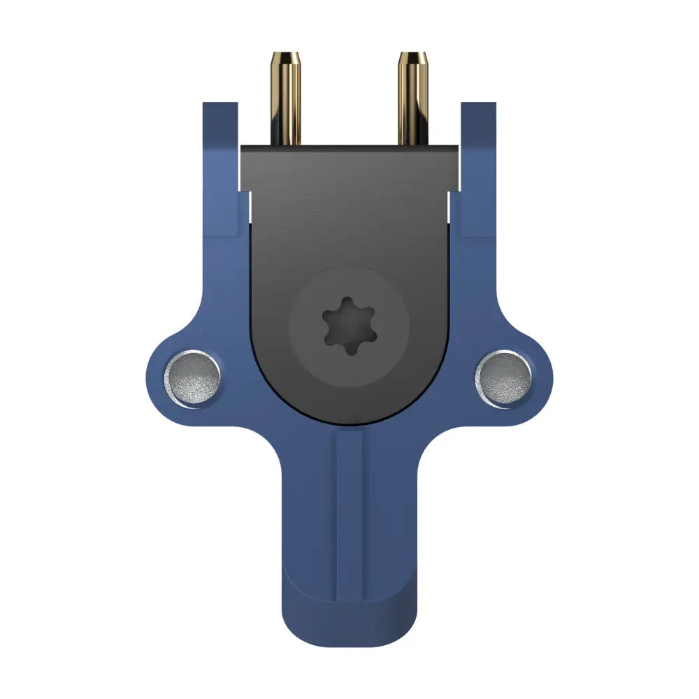Blauer plastikadapter des ortofon mc 90x mit vergoldeten reinkupferpins und silbernen feldstabilisierungselementen