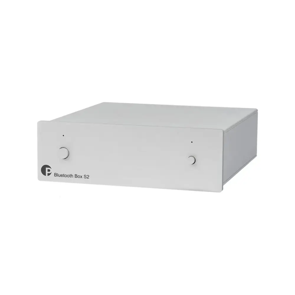Weißes Bluetooth Box S2 mit zwei Reglerknöpfen und Kontrollleuchten für kabelloses Musikstreaming