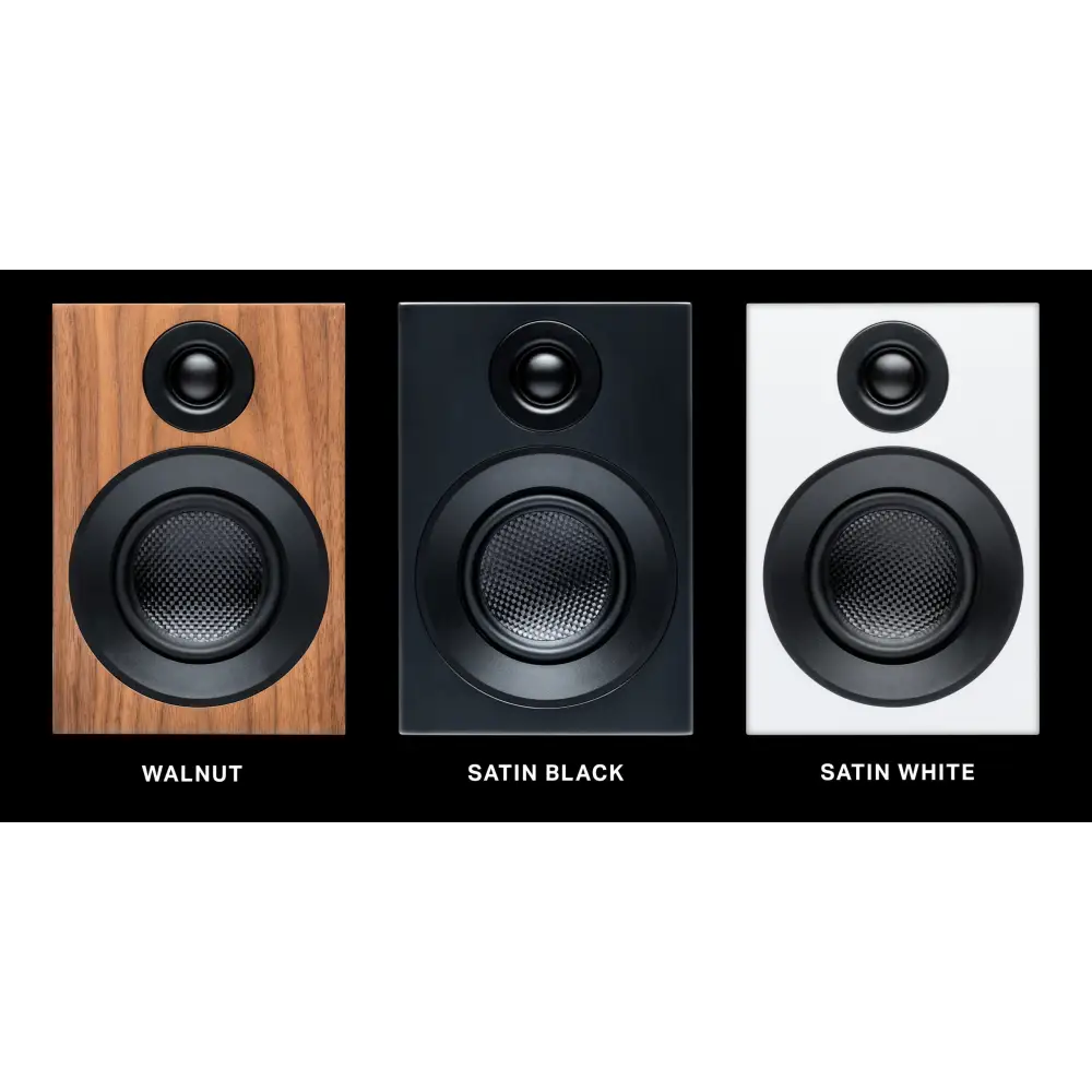 Three pro-ject speaker box 3 e carbon 2-wege bassreflex speakers in walnut, satin black, and satin white with magnetische frontabdeckungen