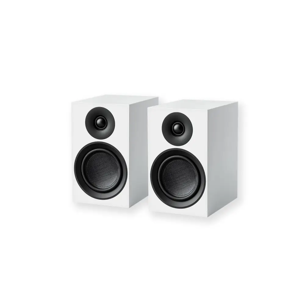 Paar weiße pro-ject speaker box 5 e carbon regallautsprecher mit schwarzen treibern für kräftigen bass und präzise bühnenabbildung