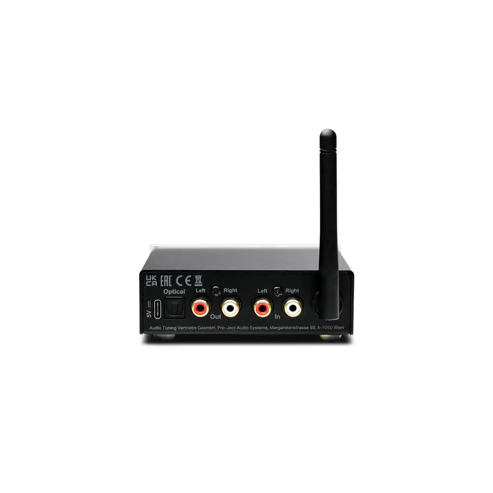 Pro-Ject Stream Box E – Rückseite mit RCA In/Out, Toslink, externes DC-Netzteil