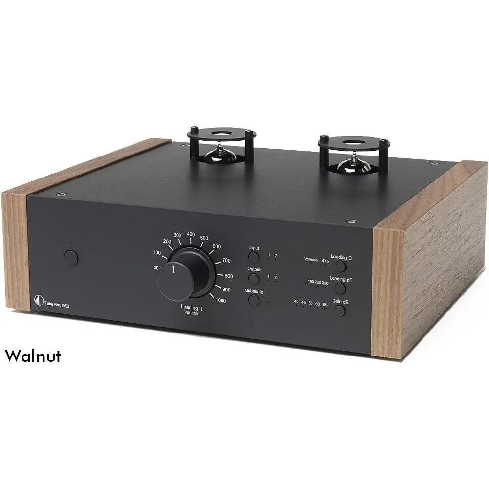 Pro-Ject Tubebox DS2 HTE hifiteamedition mit schwarzem Audio-Component, Holzseiten und handselektierter Röhrenbestückung