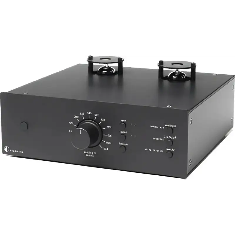 Schwarzer Audio-Vorverstärker mit offenen Vakuumröhren für besten Klang in Hifi Stereoanlage