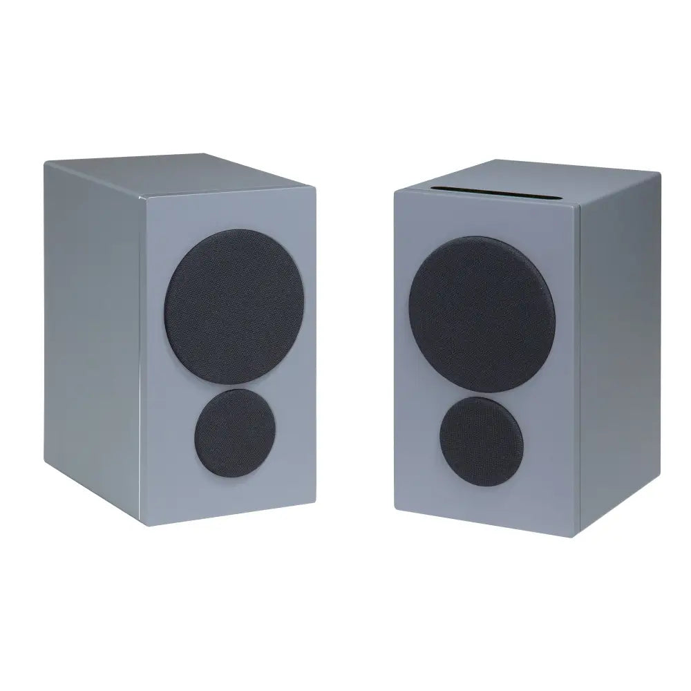 Pair of sleek matte gray cube-shaped psb iQ2 bookshelf speakers with black drivers featuring bluetooth aptx adaptive connectivity