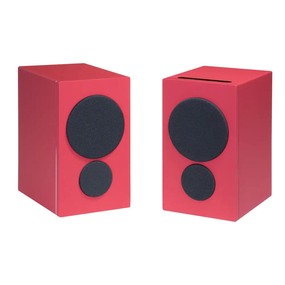 Pair of vibrant red psb iQ2 cube bookshelf speakers with black drivers featuring bluetooth aptx adaptive connectivity