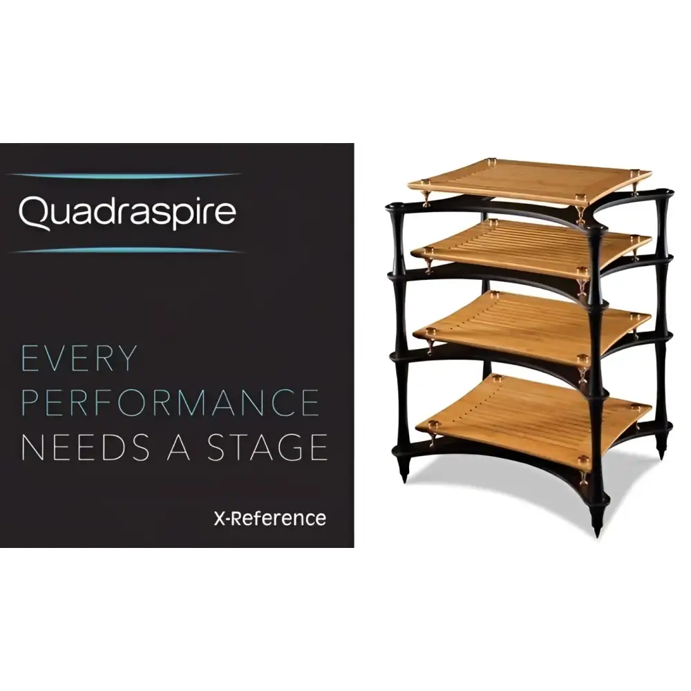 Vierstufiges Quadraspire Hifi Möbel Rack mit schwarzem Rahmen und Holzregalen