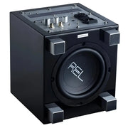 Schwarzer High-Gloss-Subwoofer REL T-Zero MKIII mit aktivem Woofer Drive und Metallakzenten