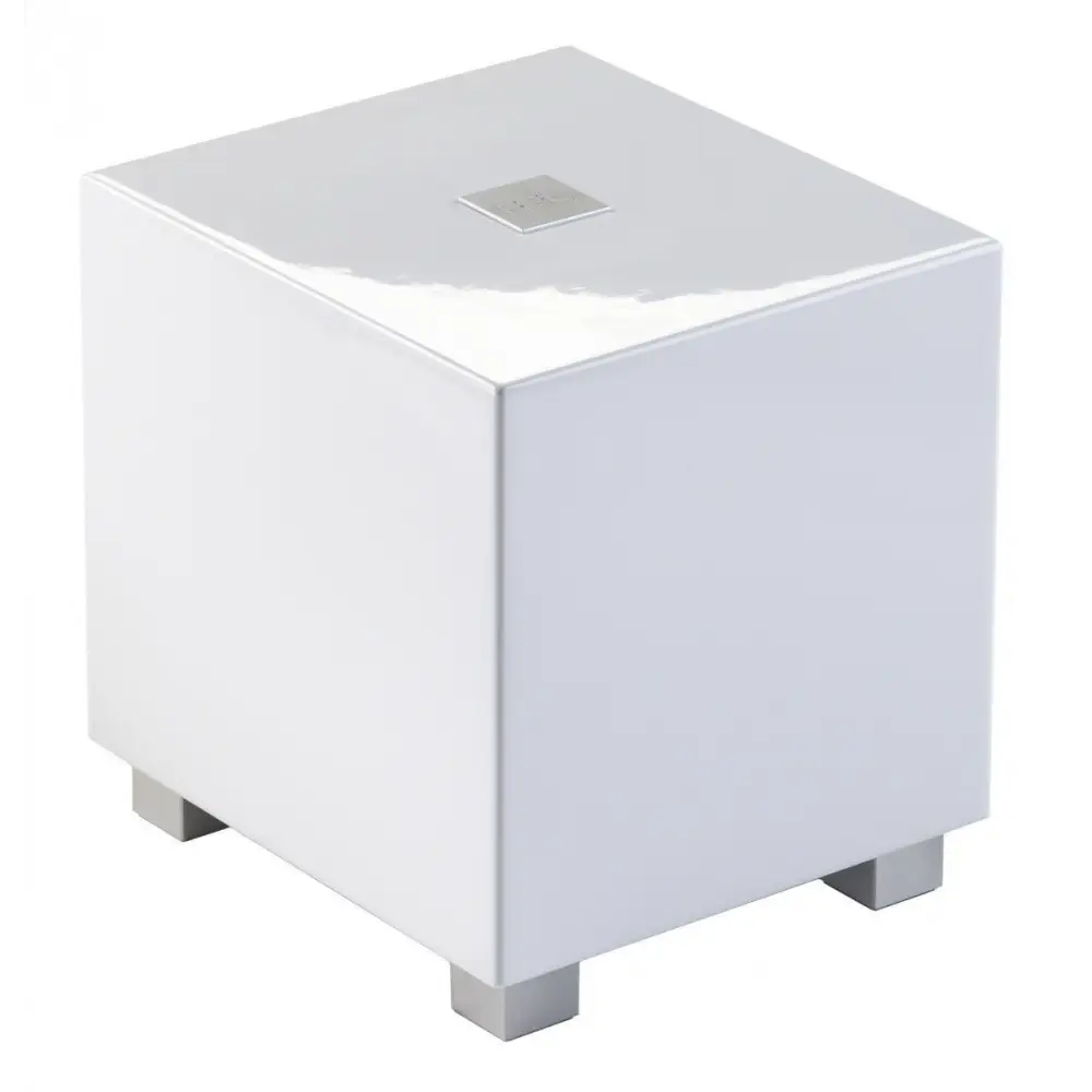 Weiße glänzende Kubus-Subwoofer mit Silberfüßen, ideal für aktive Woofer Drive, Subwoofer Spezialisten
