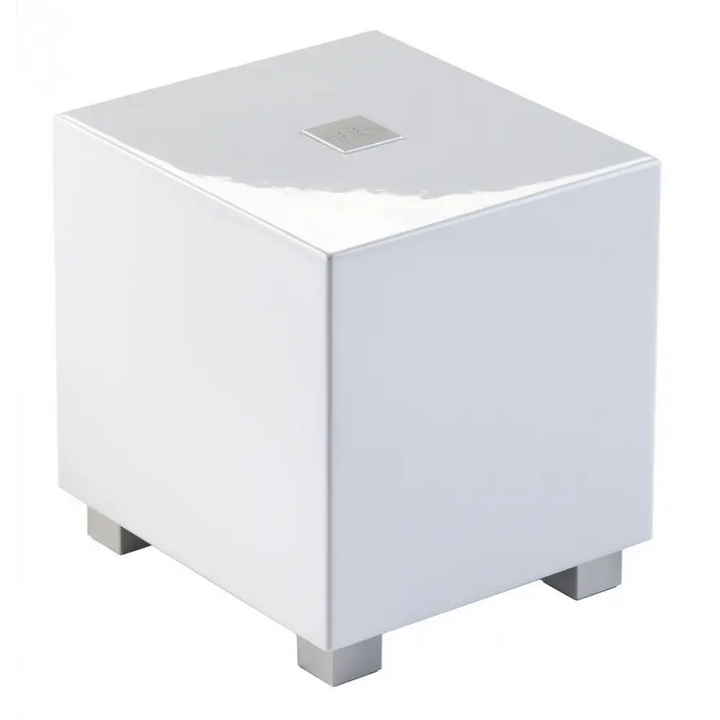 Weiße glänzende Kubus-Subwoofer mit Silberfüßen, ideal für aktive Woofer Drive, Subwoofer Spezialisten