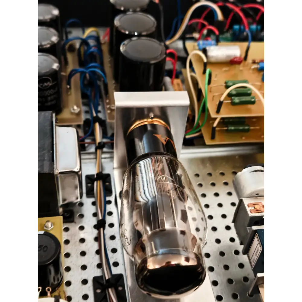 Ein schwarz-silberner vakuumröhren vorverstärker mit glashülle montiert auf platine für ayon audio conquistador highend schaltung