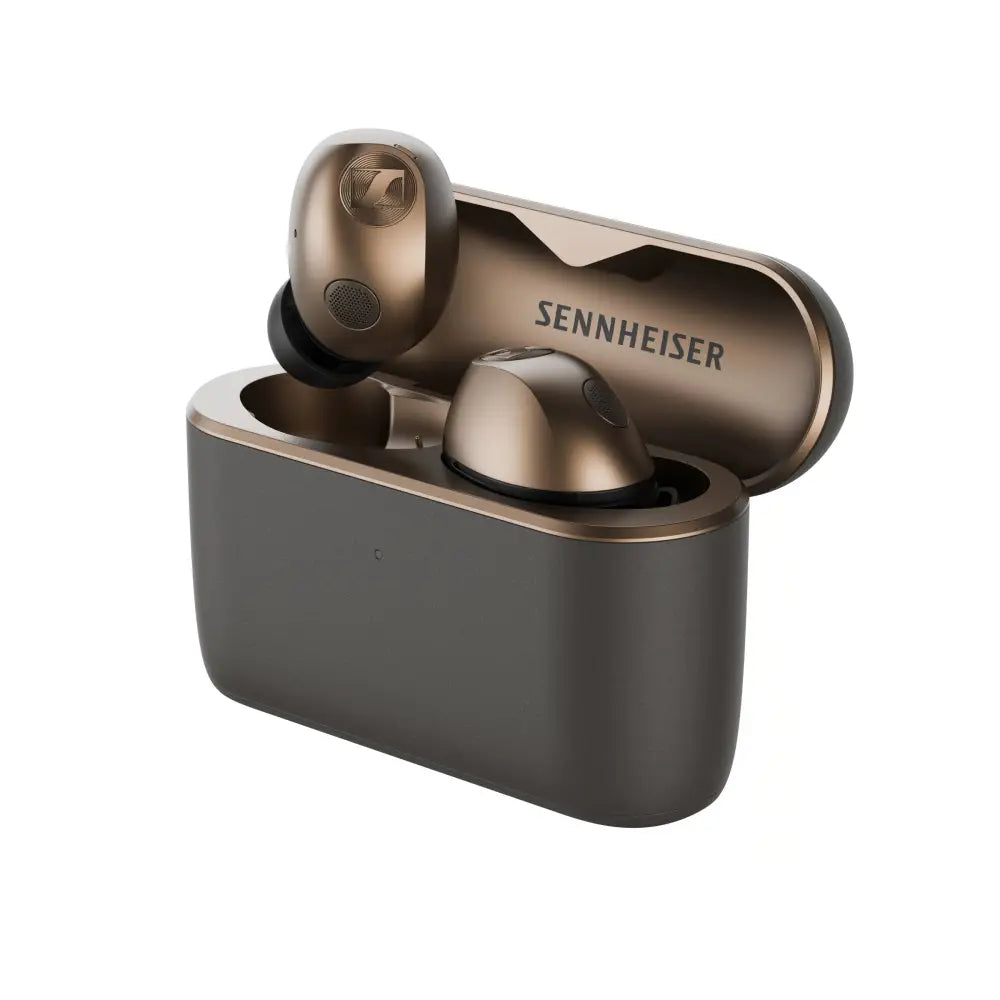 Sennheiser momentum true wireless 5 earbuds in matte dark gray with metallic bronze case featuring aptx adaptive