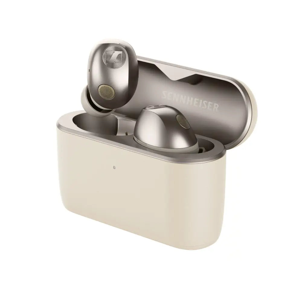 Sennheiser momentum true wireless 5 earbuds in metallic silver with aptx adaptive nestled in beige charging case