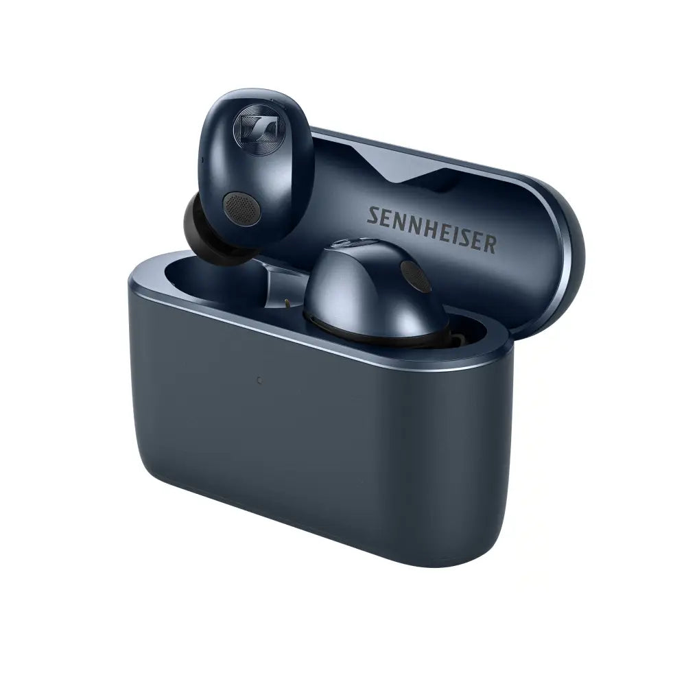 Sennheiser momentum true wireless 5 earbuds in dark blue hybride adaptive charging case with metallic accents