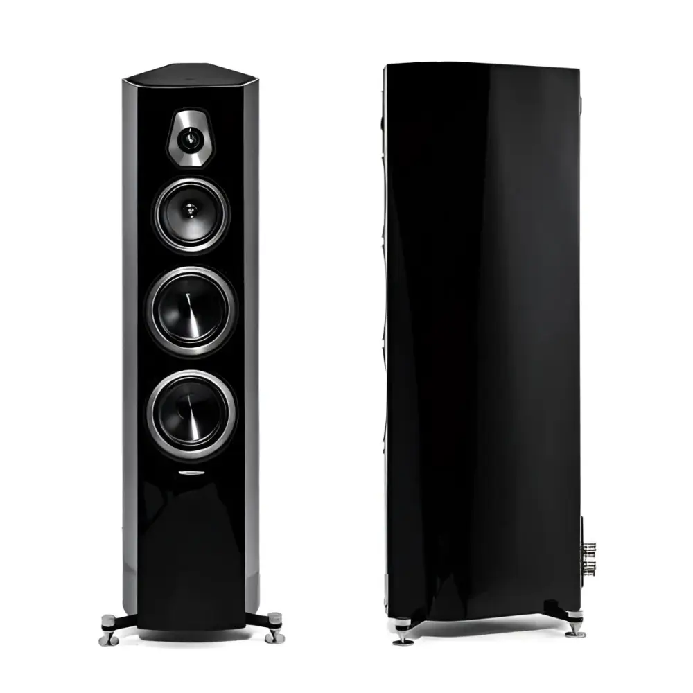 Sonus Faber Sonetto 5 Paar zweitgrößtes Modell, schwarze Standlautsprecher mit mehreren Treibern