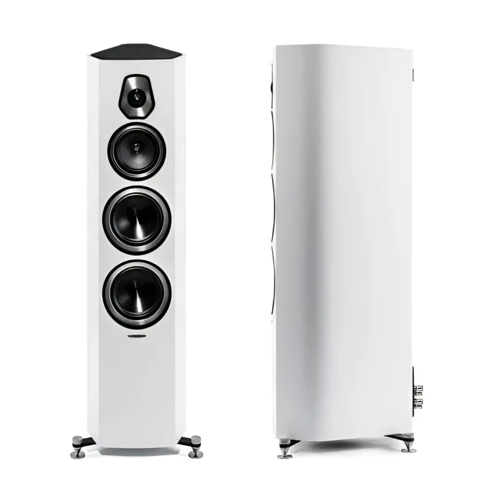 Sonus Faber Sonetto 5 Paar zweittgrößtes Modell, weiße Standlautsprecher mit mehreren Treibern
