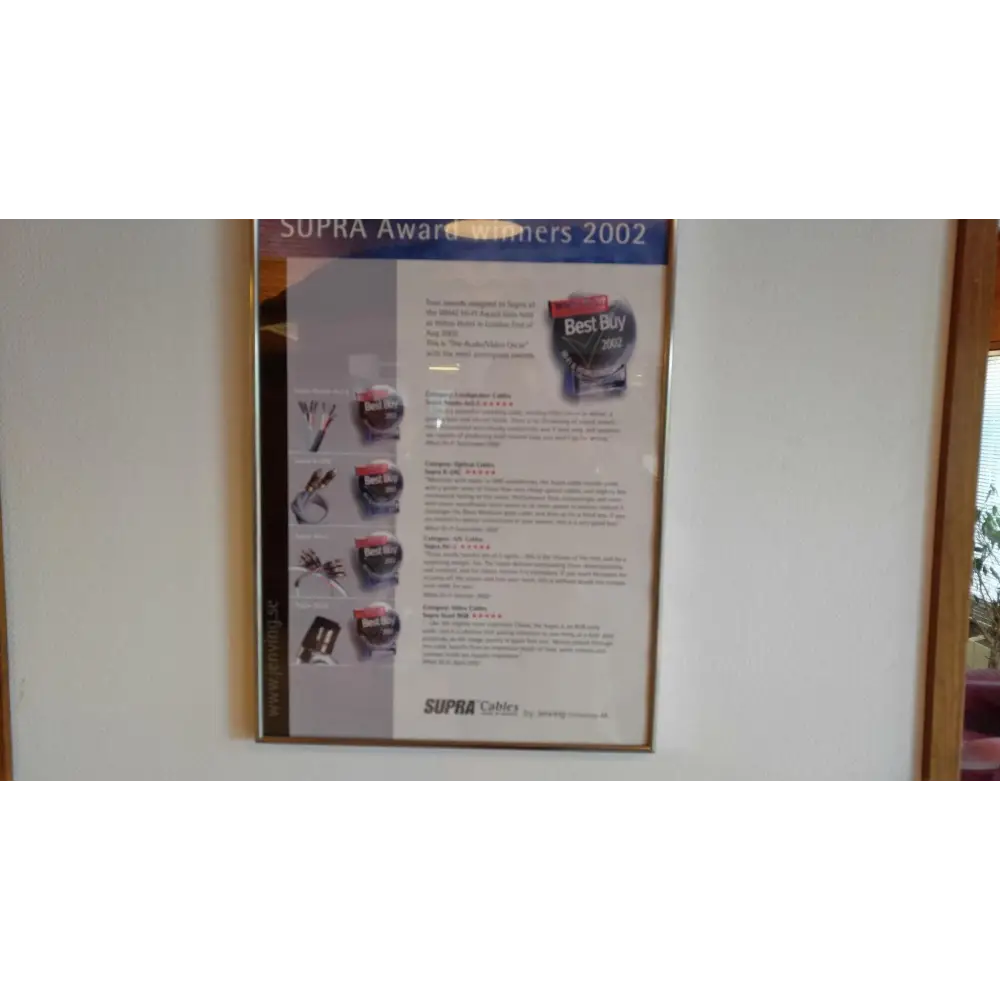 Gerahmtes Poster mit Produktpreisen für Supra Cables Schweden 40 Jahre Feier und Schulung, bester klang für Hifi und Stereoanlage