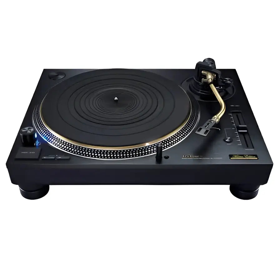 Schwarzes modell sl-1210gme technics sl-1200gme plattenspieler mit goldfarbenem tonarm und blauer led-beleuchtung