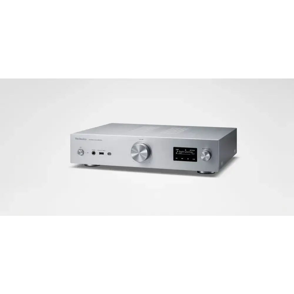 Silberfarbenes technics su-gx70 demogerät mit minimalistischem design, doppeltes netzteil und jeno engine für ideale impulsantwort